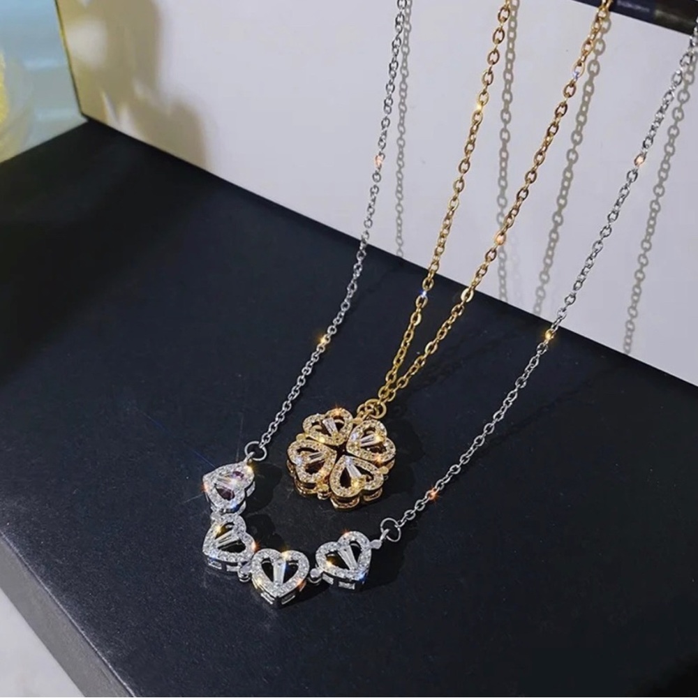 Heart Four Leaf Clover Two In One Pendant Necklace